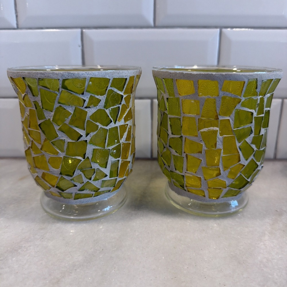 Set Of 2 Vintage Hurricane Mosaic Green/yellow Glass Candle Holders ES003